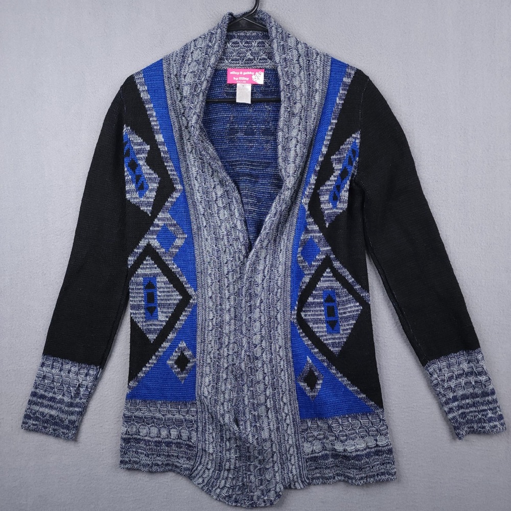 Womens Medium Aztec Geometric Cardigan Sweater Medium Open Front Blue Black